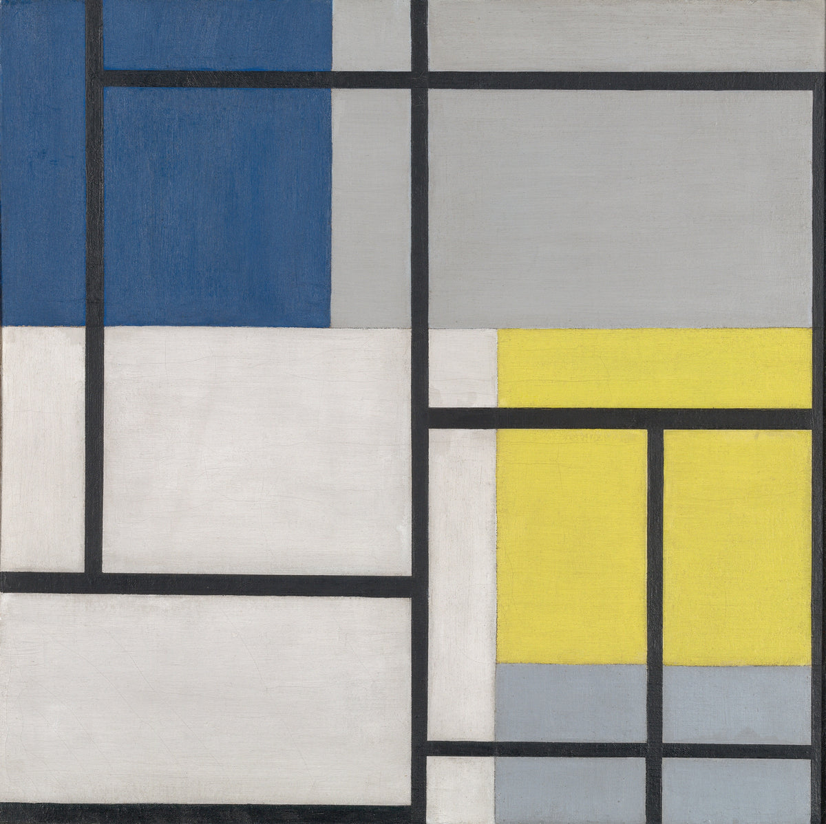 Simultaneous Composition by Theo van Doesburg — Yellow, blue and grey panels set in a grid of thick black bars