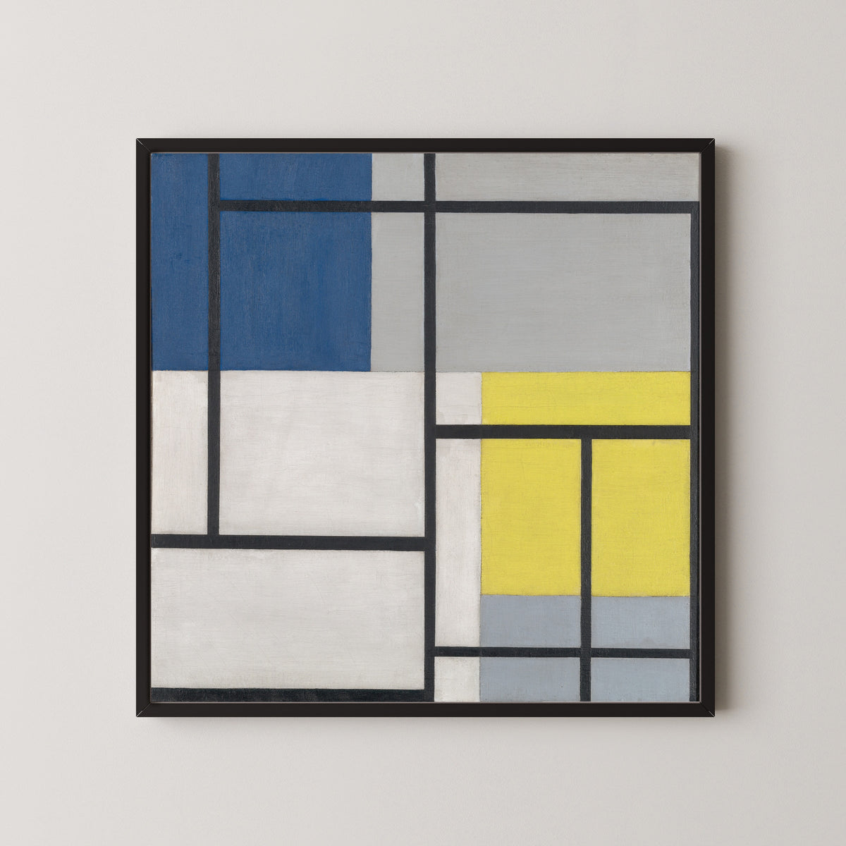 Framed art print of Simultaneous Composition by Theo van Doesburg, in a black frame on a pale wall