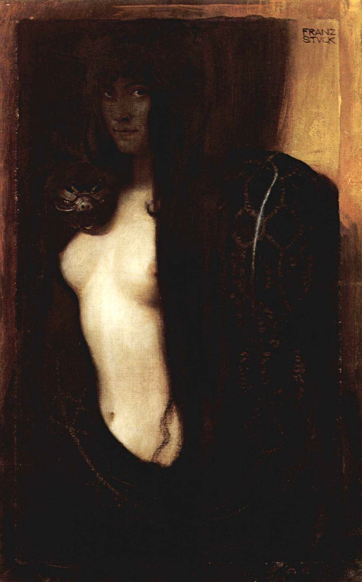 Sin (Die Sünde) by Franz von Stuck — A pale woman gazes out of deep shadow with a serpent at her shoulder