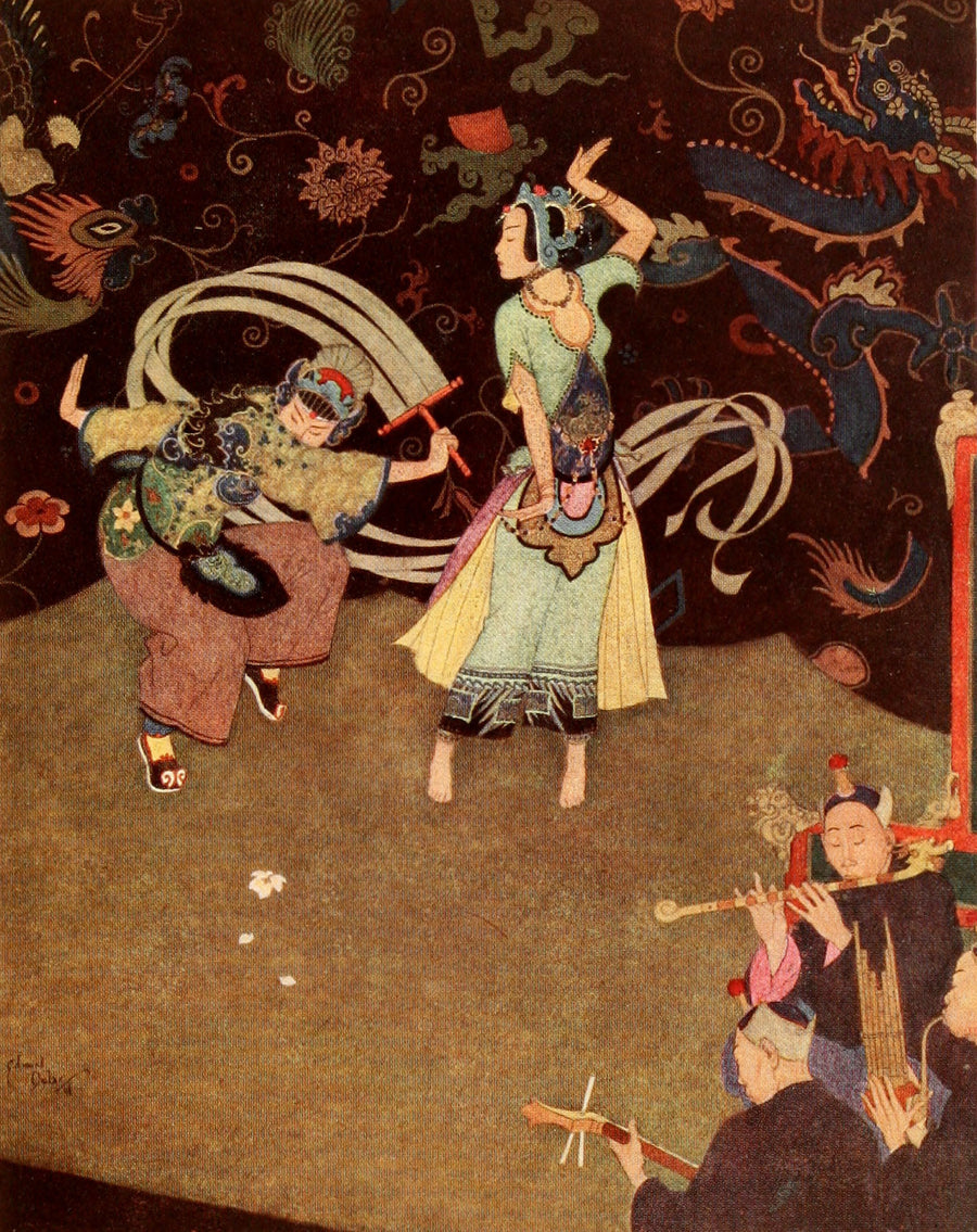 Edmund Dulac — Sinbad the Sailor and Other Stories: The Nuptial Dance of Aladdin | Fairy Tale Illustration Print shown to scale on a wall above a sofa