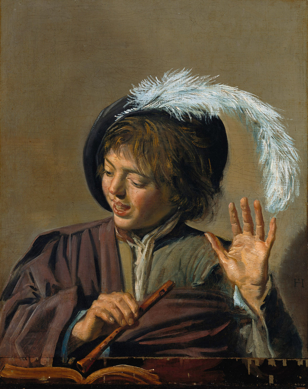 Singing Boy with Flute by Frans Hals — A boy in a plumed cap sings, one hand beating time