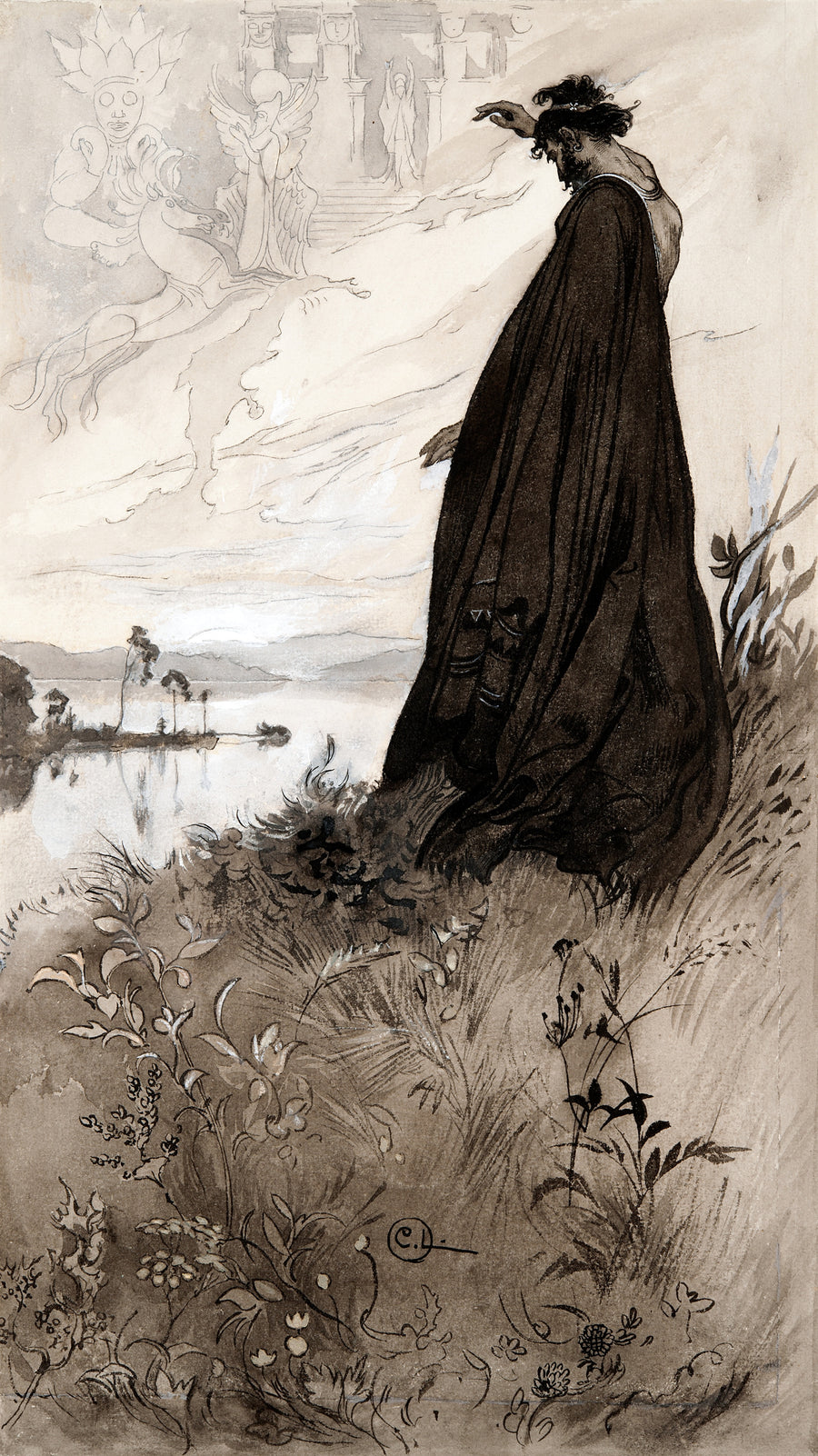 Carl Larsson — Singoalla: The Vision above the Lake | Illustration Art Print shown to scale on a wall above a sofa