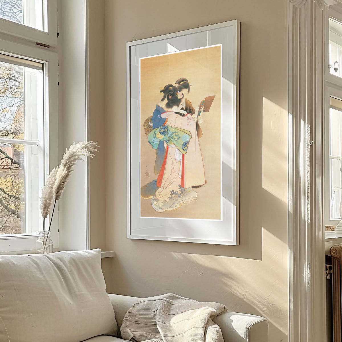 Sisters by Uemura Shōen — shown framed on a wall