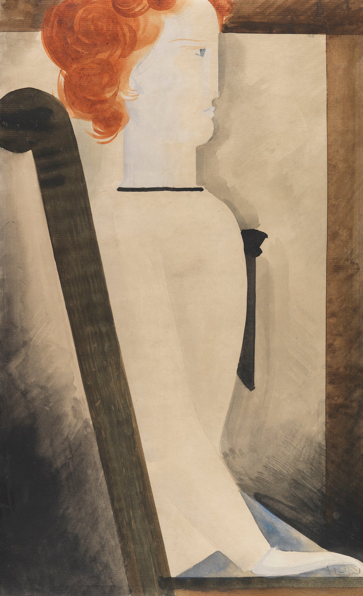 Sitzende by Oskar Schlemmer — A red-haired woman sits in profile on a high-backed chair