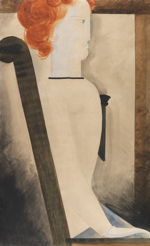 Sitzende by Oskar Schlemmer — A red-haired woman sits in profile on a high-backed chair