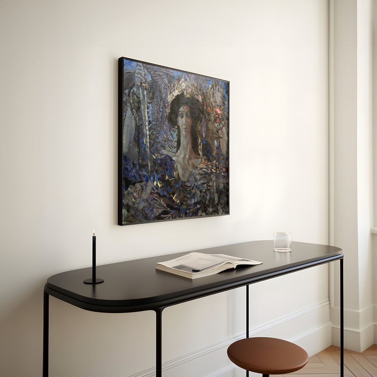 Framed art print of Six-winged Seraph (Azrael) by Mikhail Vrubel, above a slim black console table
