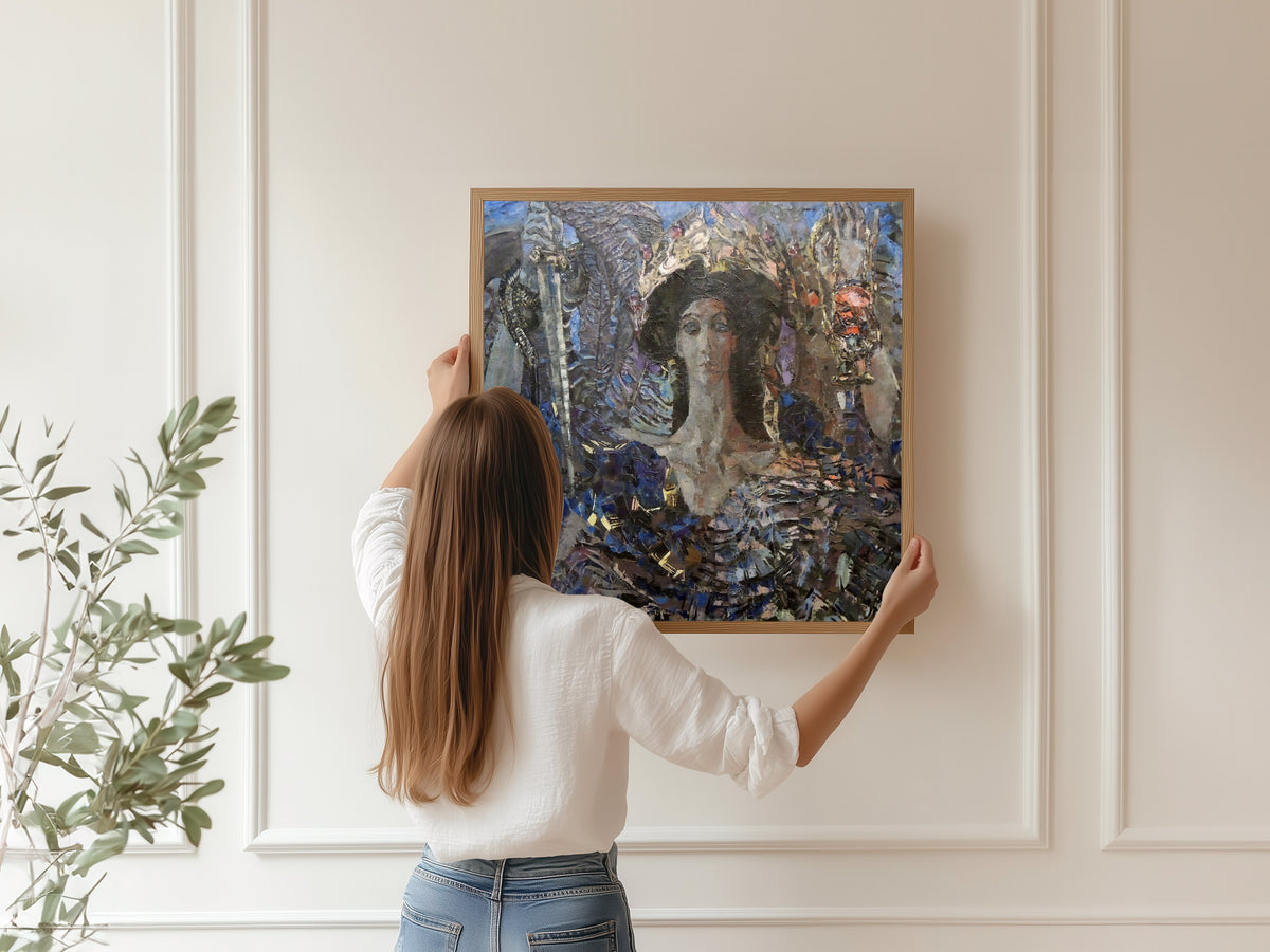 Framed art print of Six-winged Seraph (Azrael) by Mikhail Vrubel, hung on a panelled wall