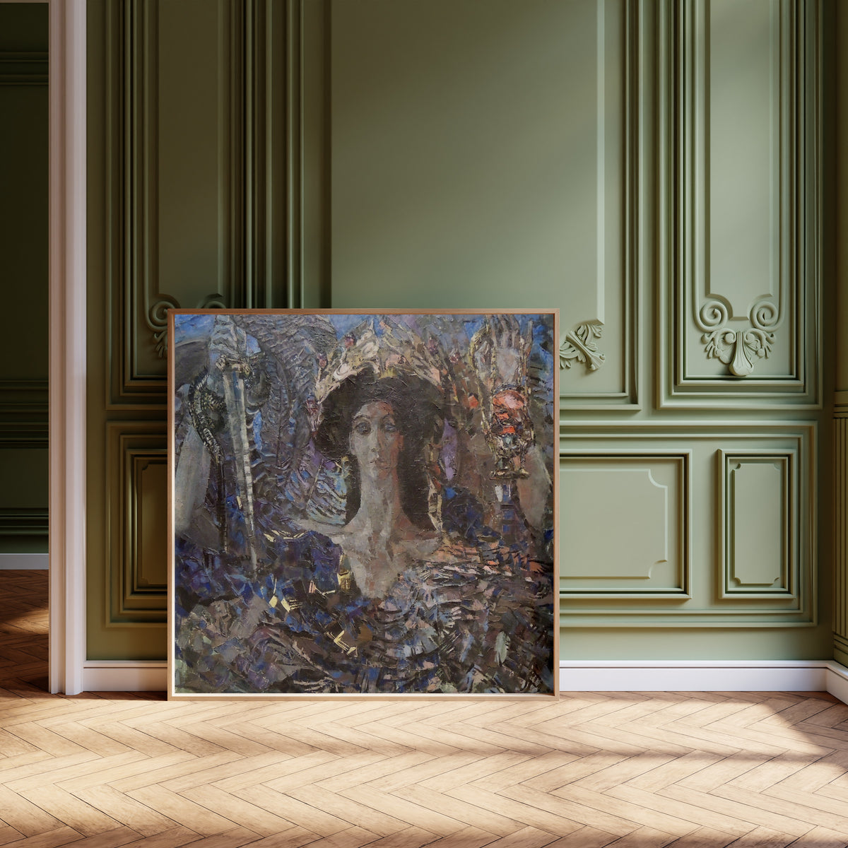 Framed art print of Six-winged Seraph (Azrael) by Mikhail Vrubel, leaning against olive-green panelling on a herringbone floor