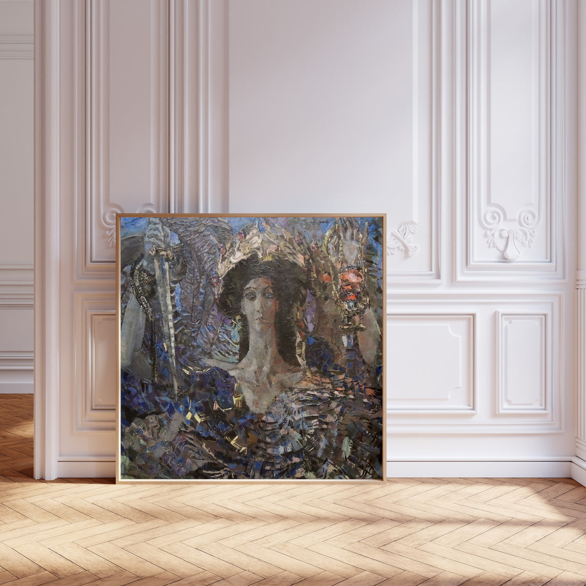 Framed art print of Six-winged Seraph (Azrael) by Mikhail Vrubel, leaning against pale pink panelling on a herringbone floor