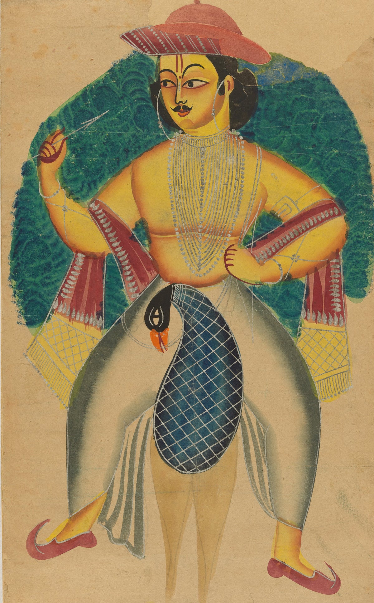 Skanda on his peacock by Kalighat painter — A moustached Skanda in a red hat with a peacock at his waist