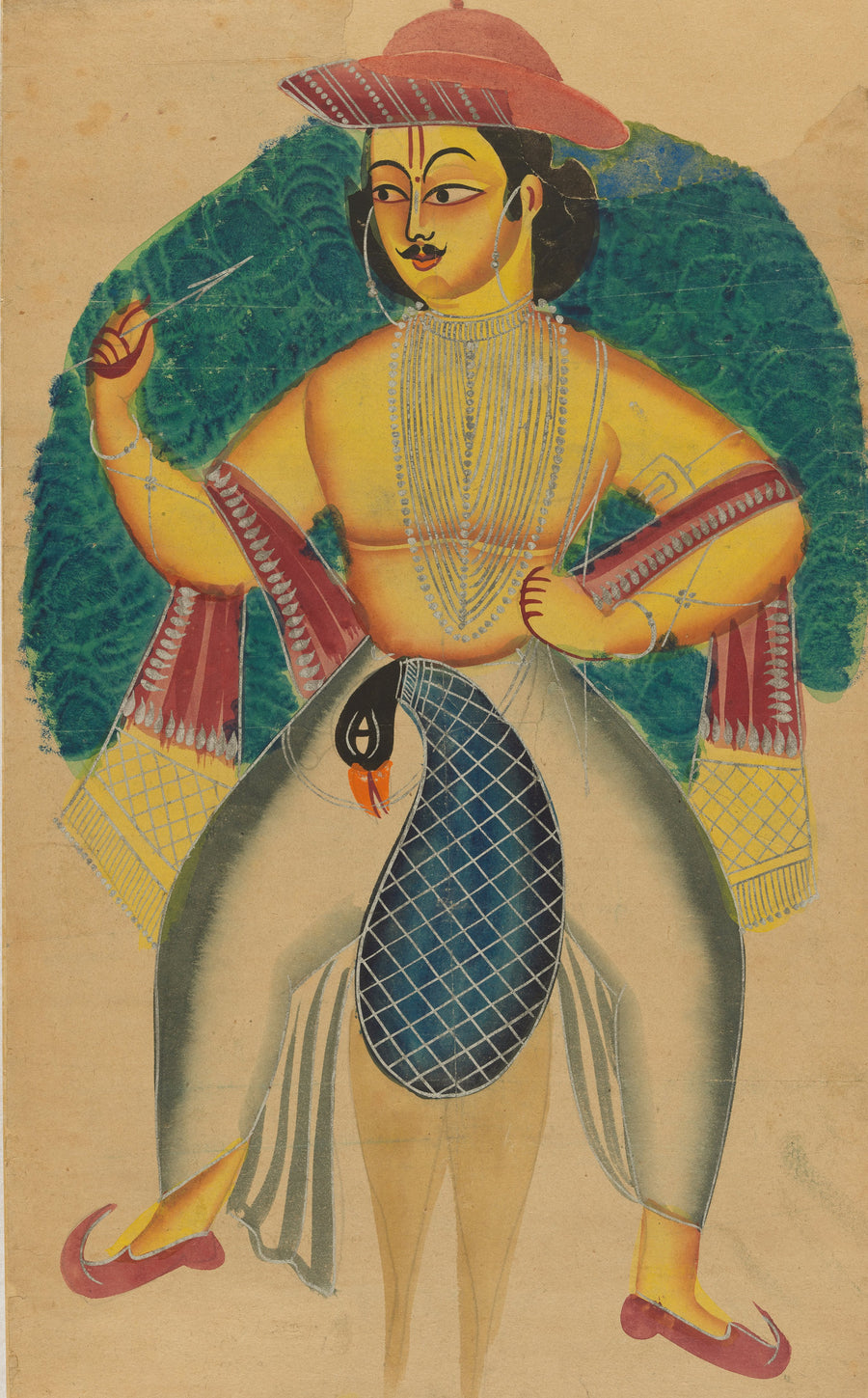 Kalighat painter — Skanda on his peacock | Kalighat Painting Print shown to scale on a wall above a sofa
