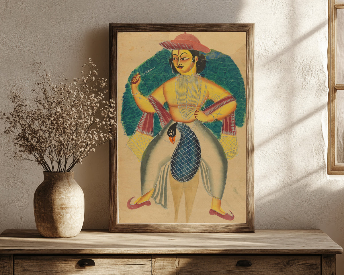 Framed art print of Skanda on his peacock by Kalighat painter, in a dark wood frame leaning on a rustic console beside dried flowers
