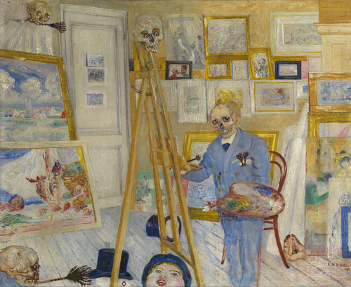 Skeleton Painter in His Studio (Het schilderend geraamte) by James Ensor — A skeleton in a blue suit paints at an easel in a crowded studio