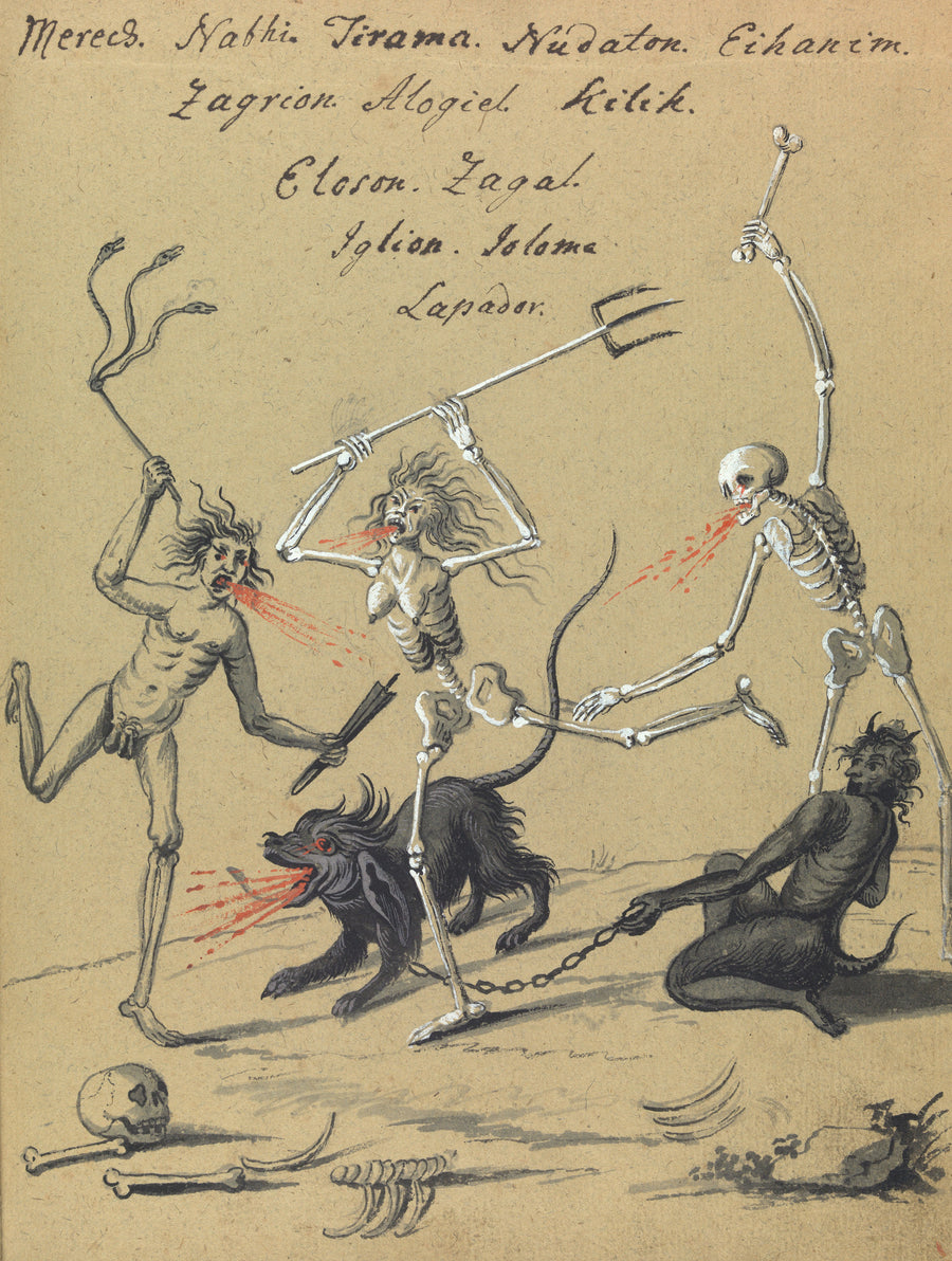 Skeleton and Demons with a Hell-Hound | Esoteric Art Print shown to scale on a wall above a sofa