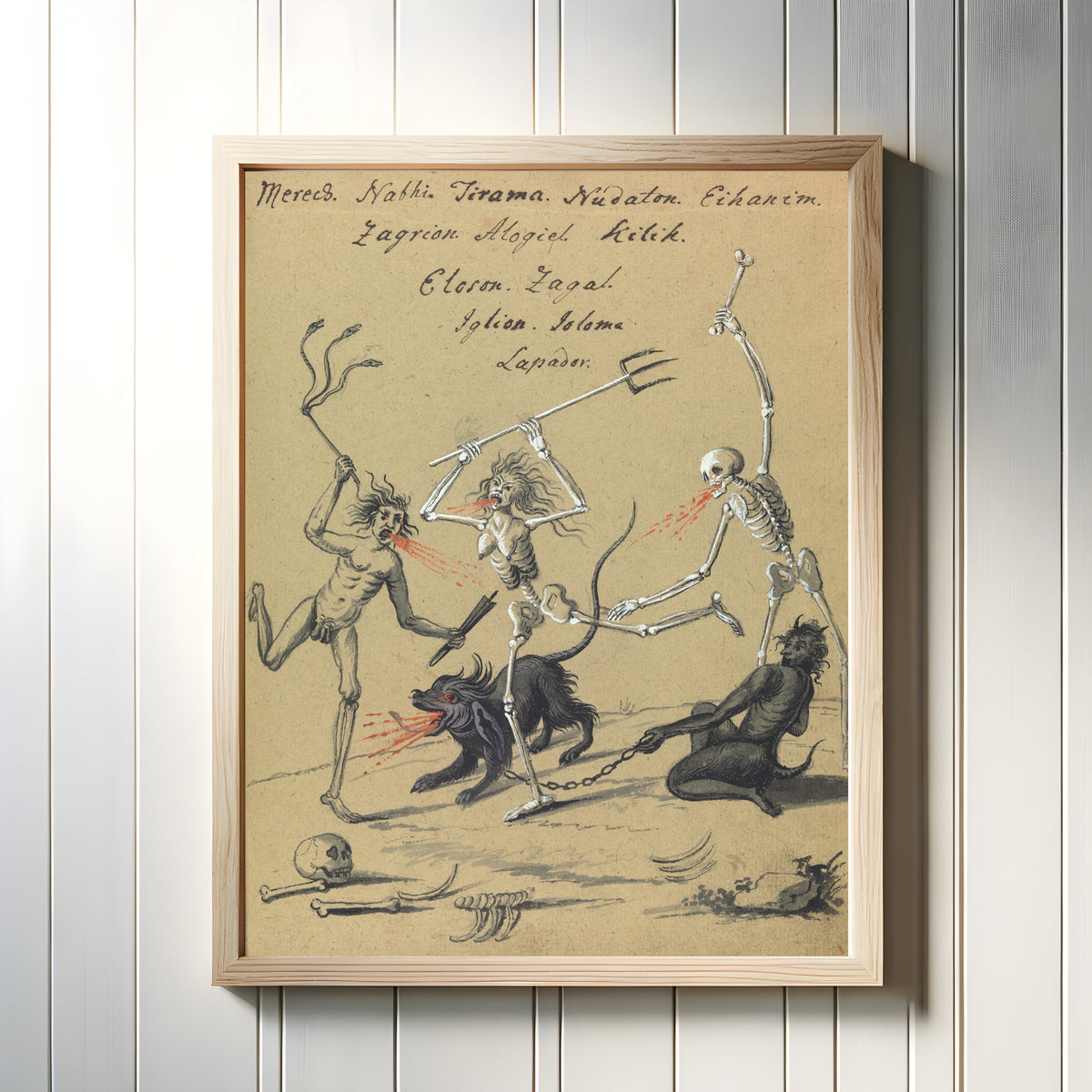Framed art print of Skeleton and Demons with a Hell-Hound by Unknown artist, in a light wood frame on a white panelled wall