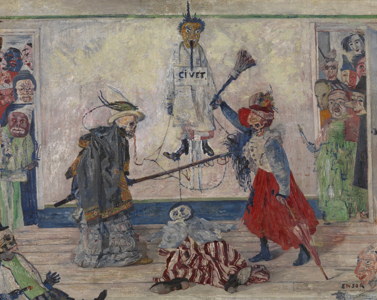 Skeletons Fighting over a Hanged Man (Geraamten twistend om een gehangene) by James Ensor — Two dressed-up skeletons duel with a duster and a pole as masks