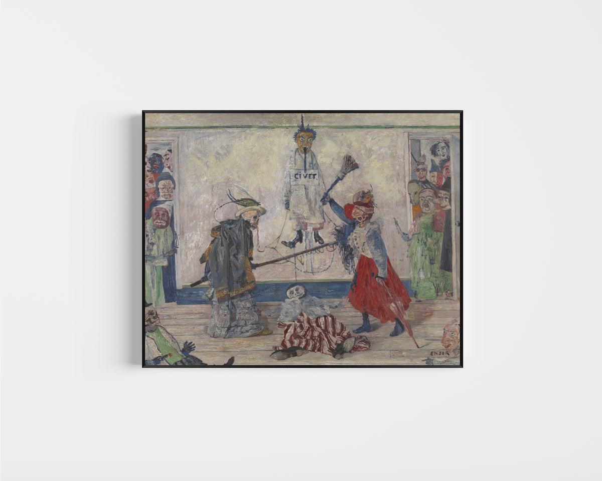 Framed art print of Skeletons Fighting over a Hanged Man (Geraamten twistend om een gehangene) by James Ensor, in a slim black frame on a plain white wall