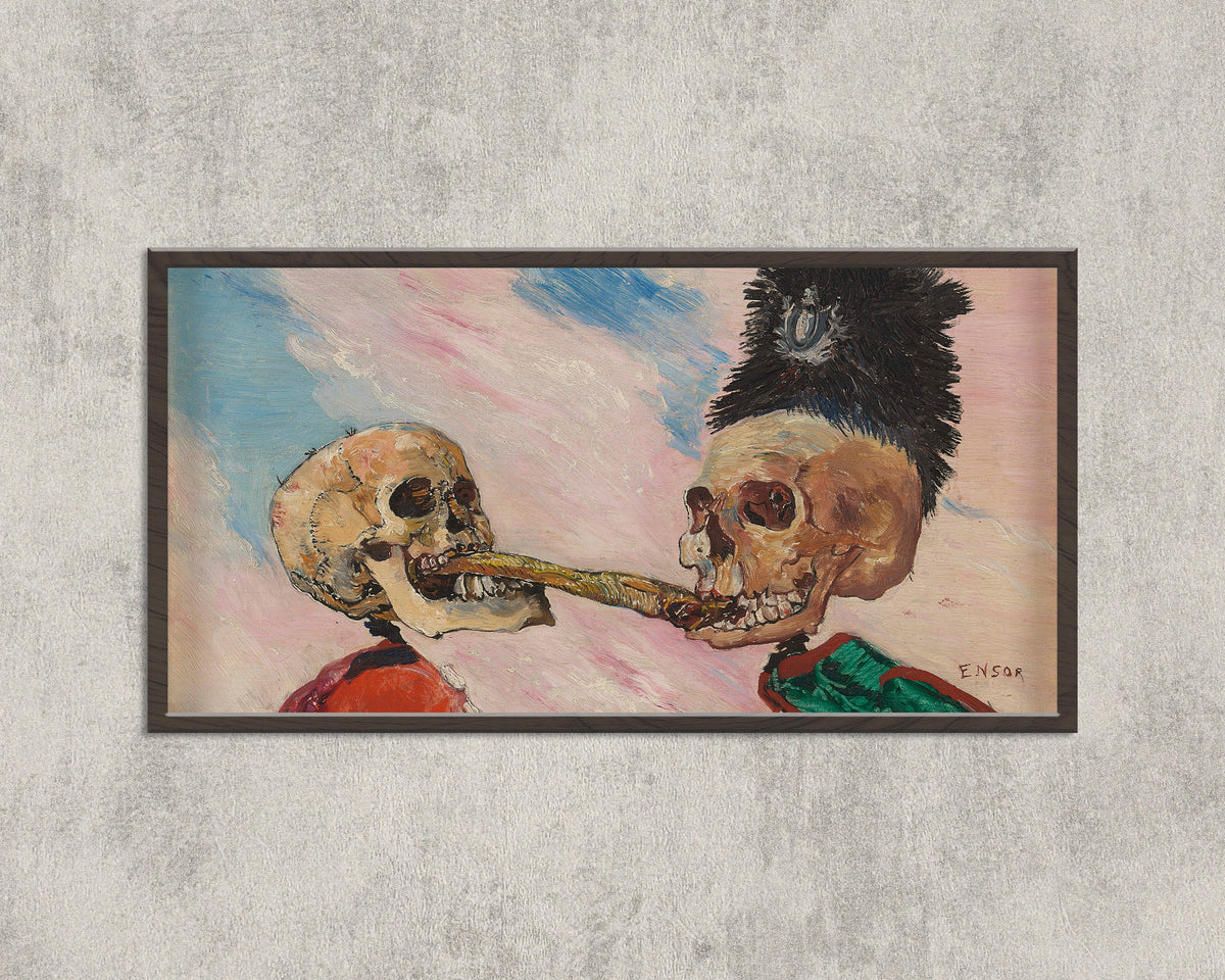 Framed art print of Skeletons Fighting over a Pickled Herring by James Ensor, in a wide black frame on a concrete wall