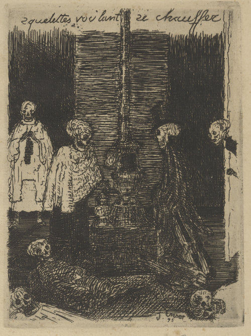 Skeletons Trying to Warm Themselves (Geraamten die zich willen warmen) by James Ensor — Skeletons in robes and a top hat crowd round a small iron stove