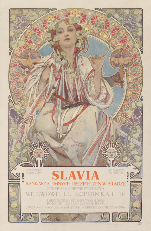 Slavia, Bank Wzajemnych Ubezpieczeń w Pradze by Alphonse Mucha — A woman in ribbons and linden leaves holds a gold ring above a sword