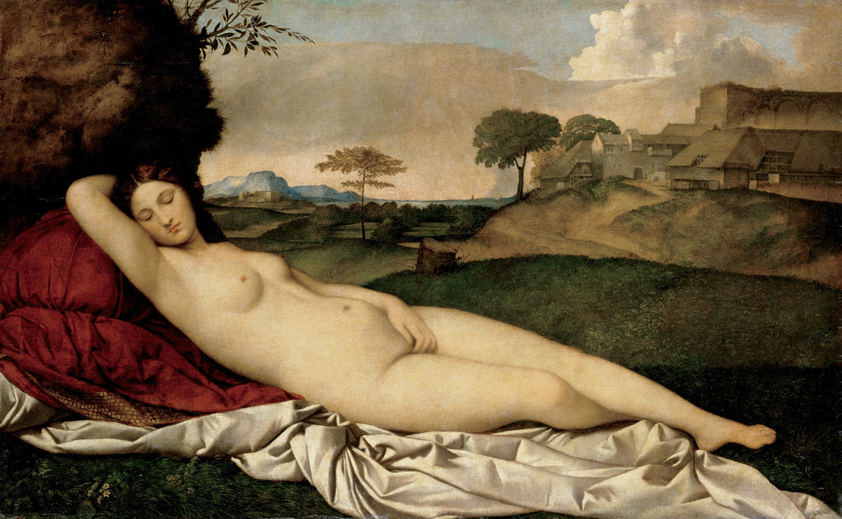 Sleeping Venus by Giorgione — A woman sleeps on a red cushion before a thatched village