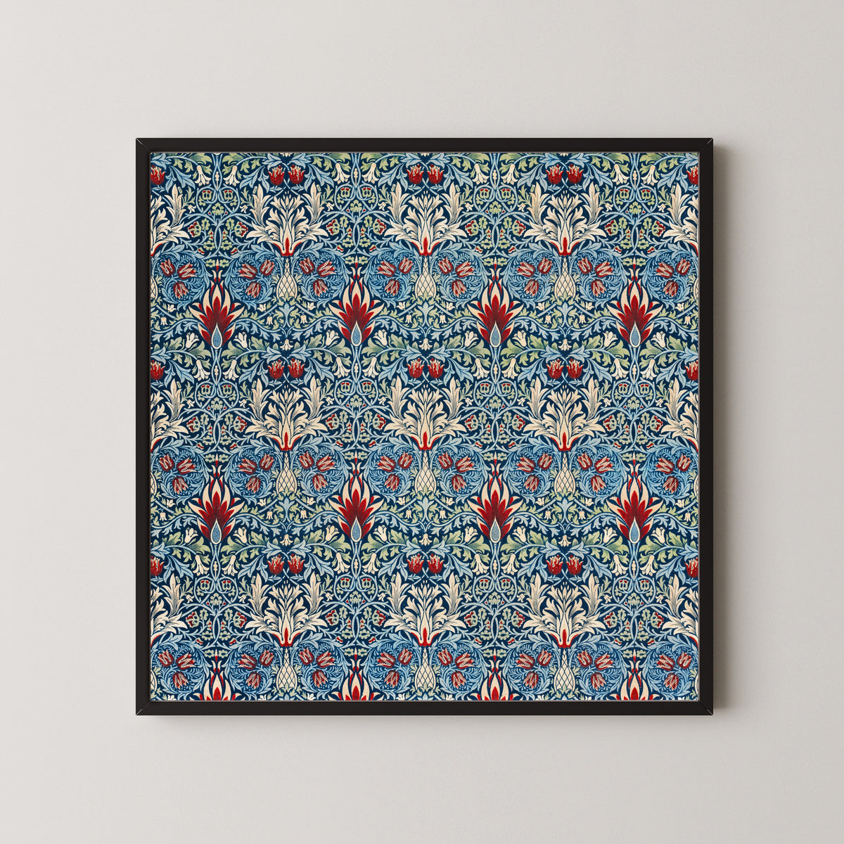 Framed art print of Snakeshead by William Morris, in a black frame on a pale wall