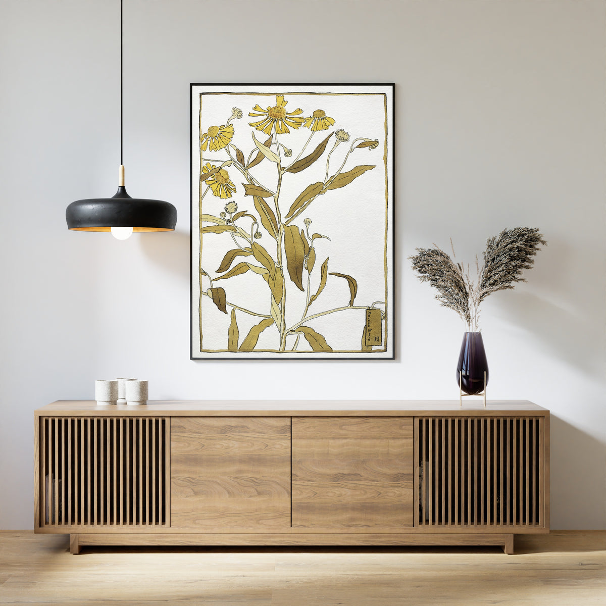 Sneeze Weed by Hannah Borger Overbeck — framed above a slatted wood sideboard