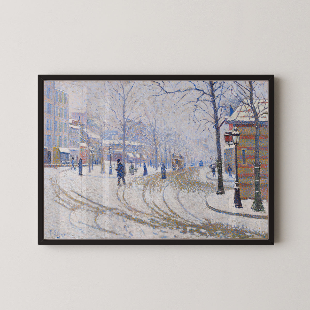 Framed art print of Snow, Boulevard de Clichy, Paris by Paul Signac, in a black frame on a pale wall