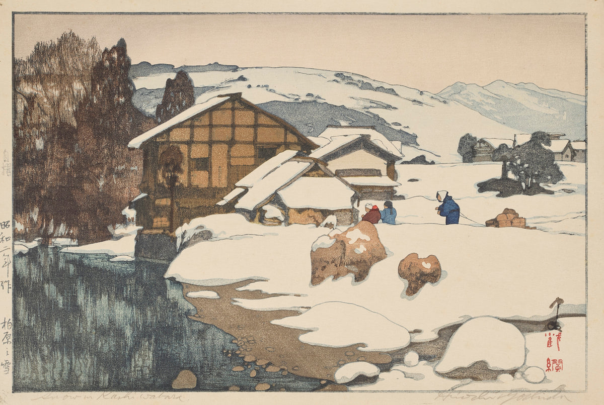 Snow at Kashiwabara by Hiroshi Yoshida — A snowbound village house beside a dark stream