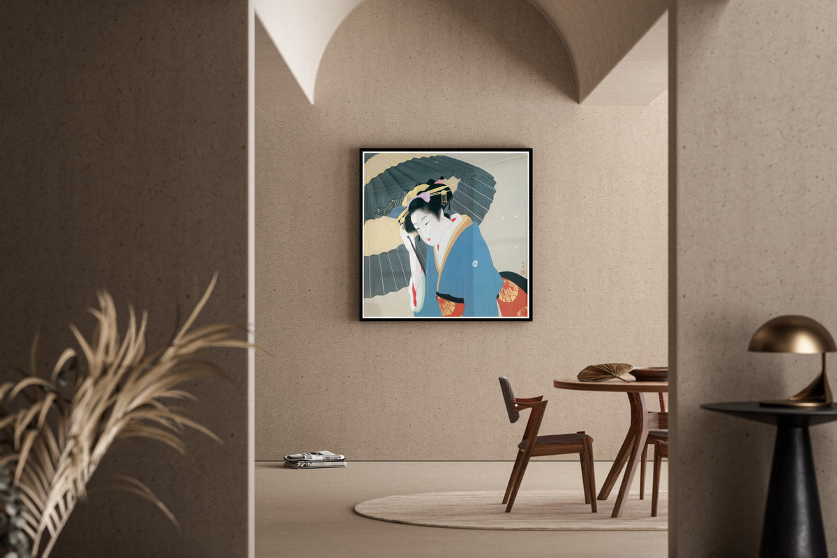 Snow by Uemura Shōen — shown framed on a wall