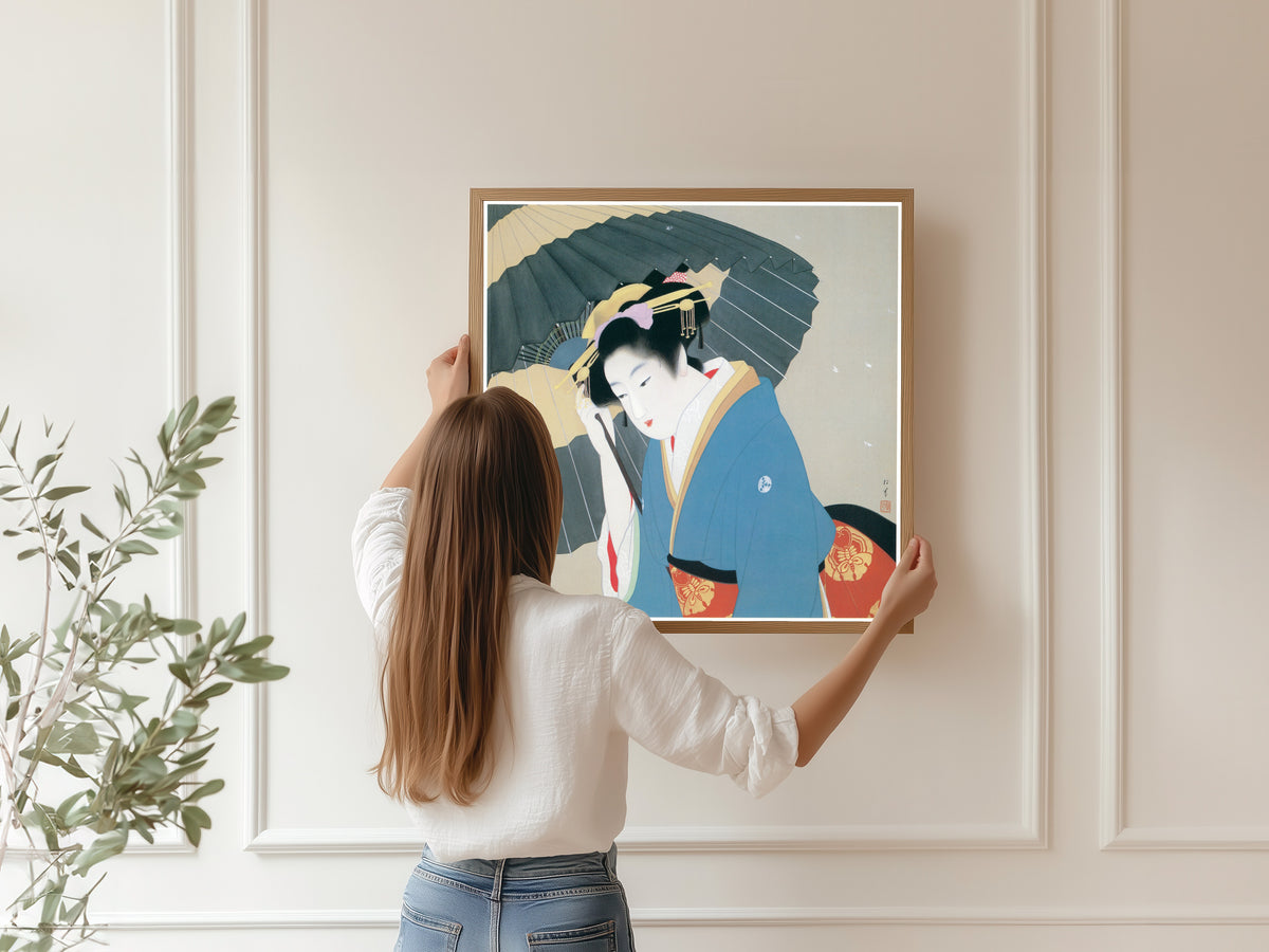 Snow by Uemura Shōen — shown framed on a wall
