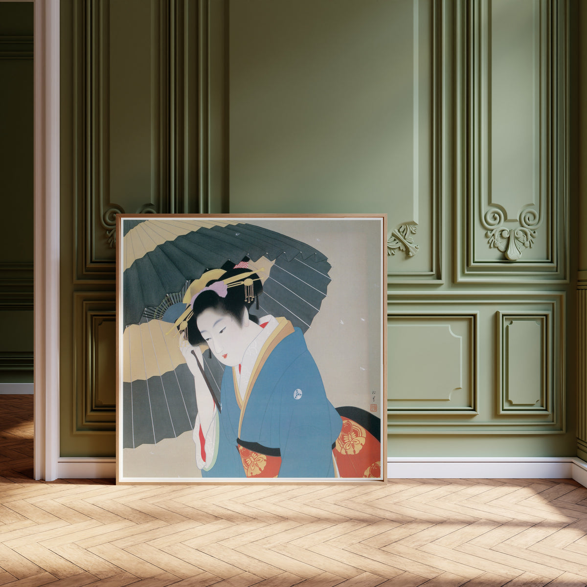 Snow by Uemura Shōen — shown framed on a wall