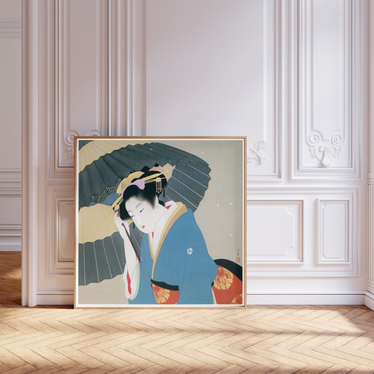 Snow by Uemura Shōen — shown framed on a wall