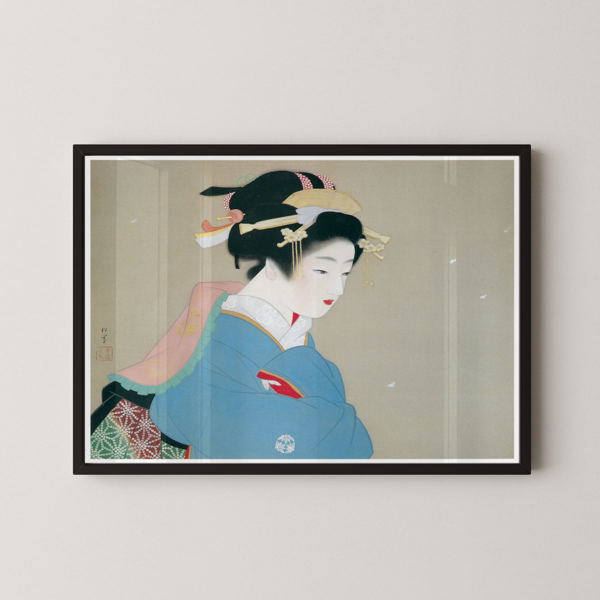 Snow in the Garden by Uemura Shōen — shown framed on a wall