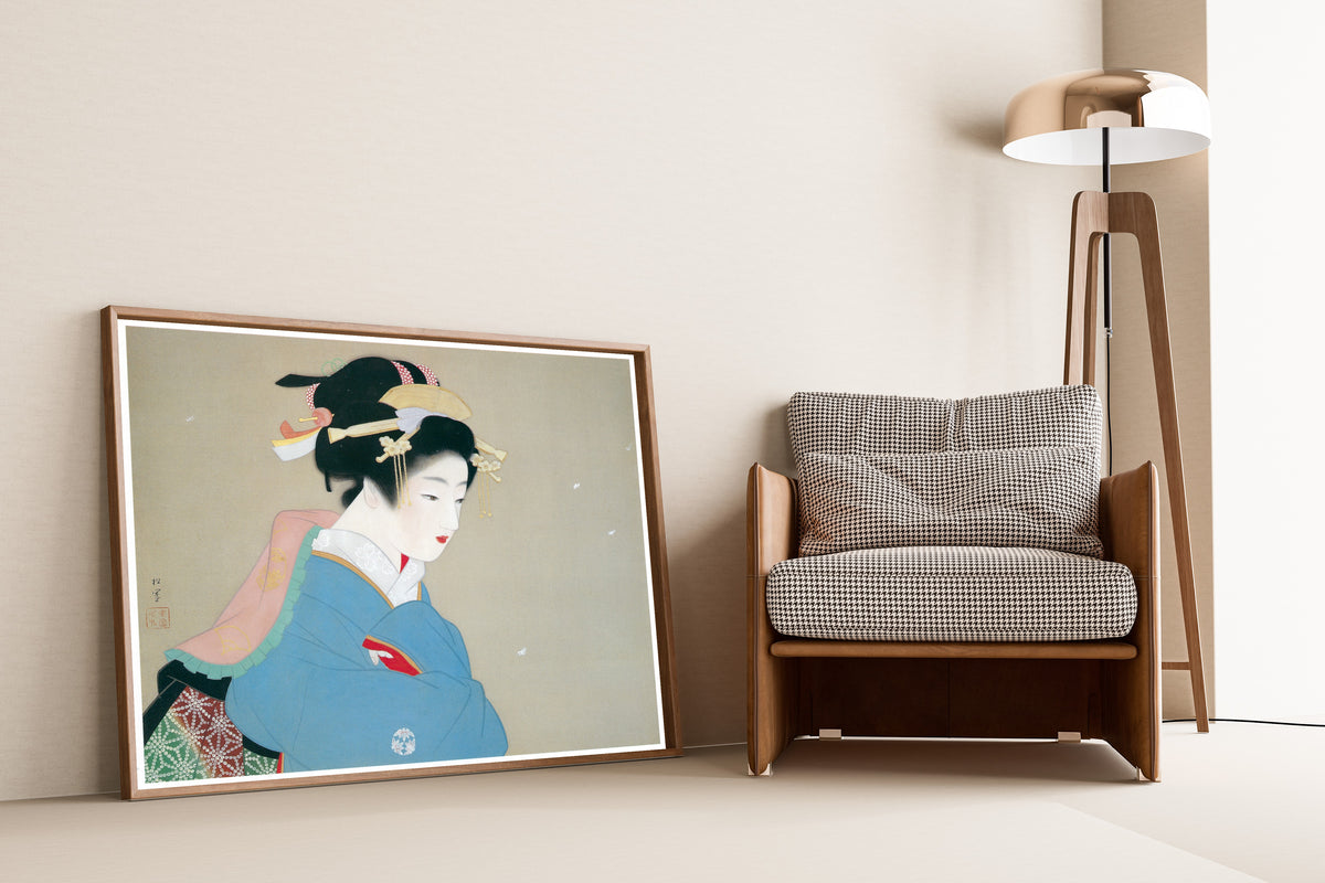 Snow in the Garden by Uemura Shōen — shown framed on a wall
