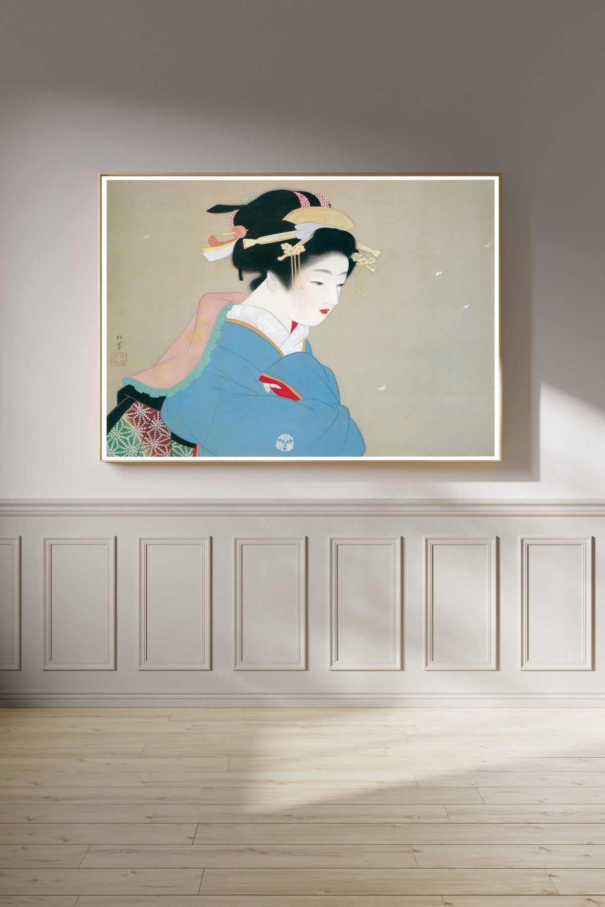 Snow in the Garden by Uemura Shōen — shown framed on a wall
