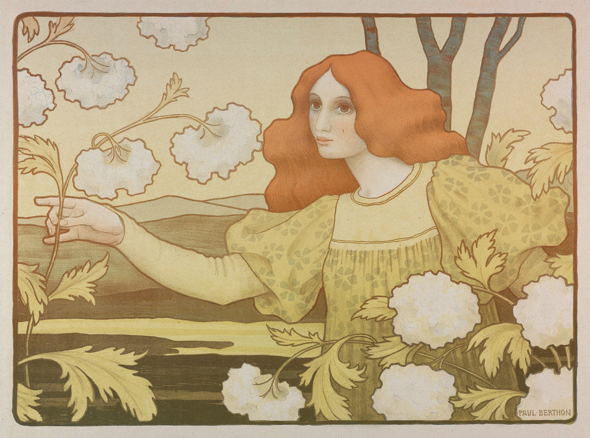 Snowballs by Paul Berthon — A red-haired woman reaches across white blossoms toward a river valley