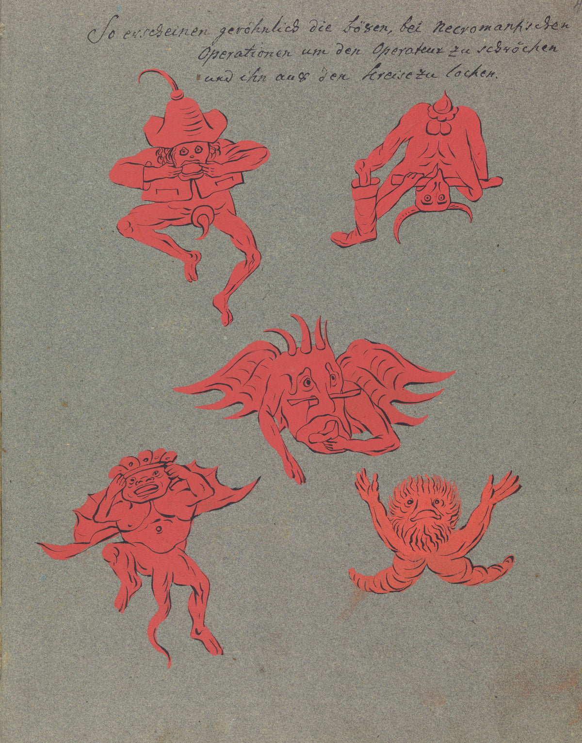 So erscheinen gewöhnlich die bösen, bei Necromantischen Operationen by Unknown artist — Five red cut-paper devils tumble across a grey manuscript page