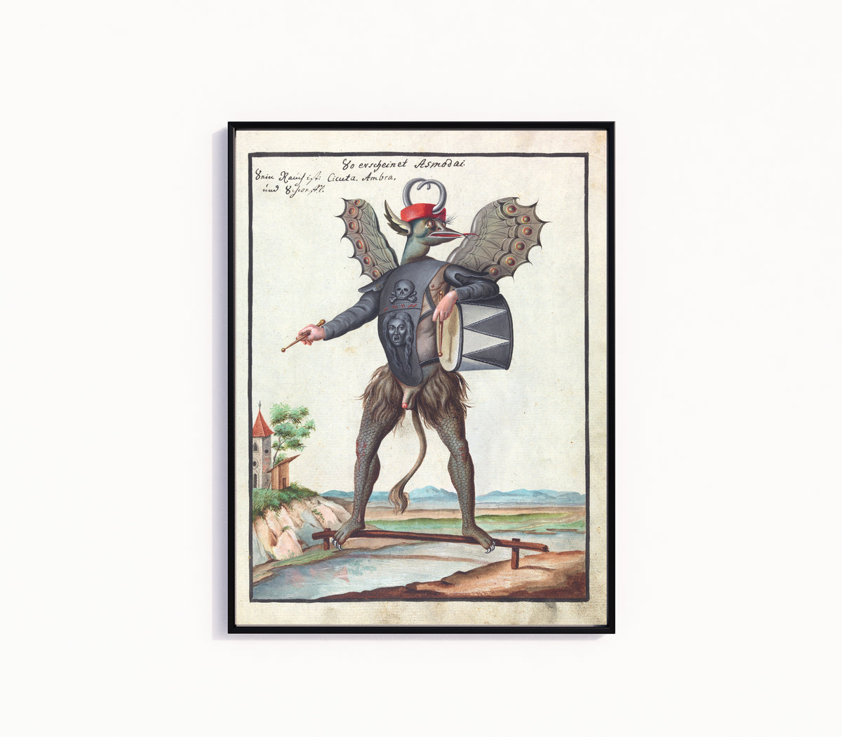 Framed art print of So erscheinet Asmodai (Crowned, with a Drum) by Unknown artist, in a slim black frame on a plain white wall