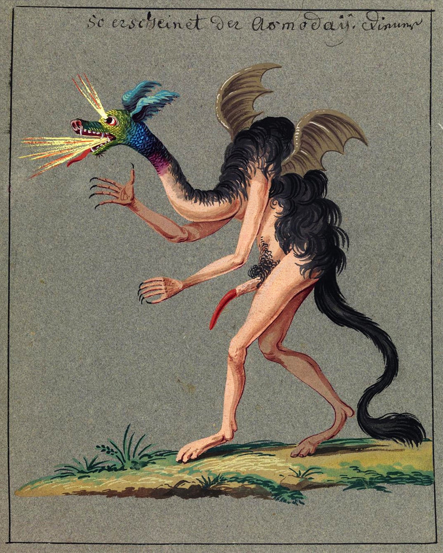 So erscheinet der Asmodai | Esoteric Art Print shown to scale on a wall above a sofa