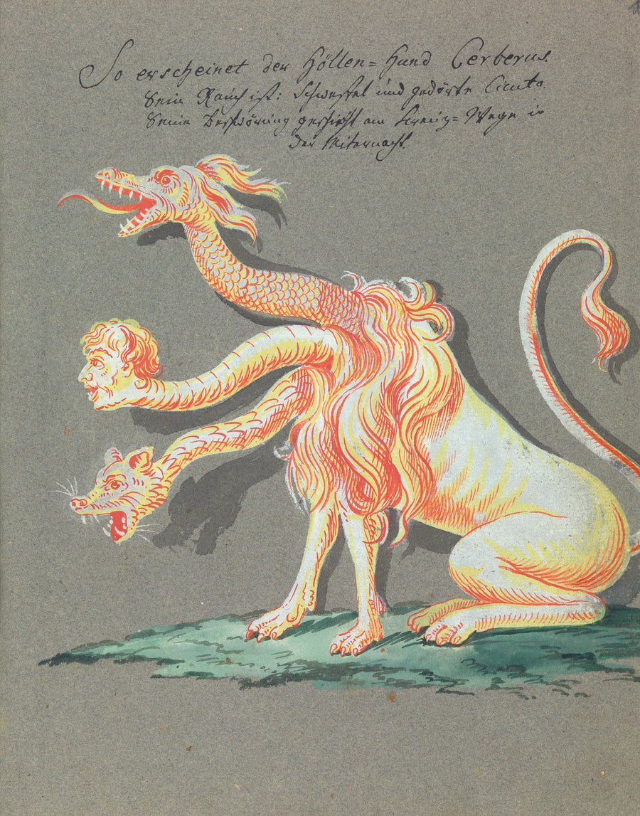 So erscheinet der Höllen-Hund Cerberus | Esoteric Art Print shown to scale on a wall above a sofa