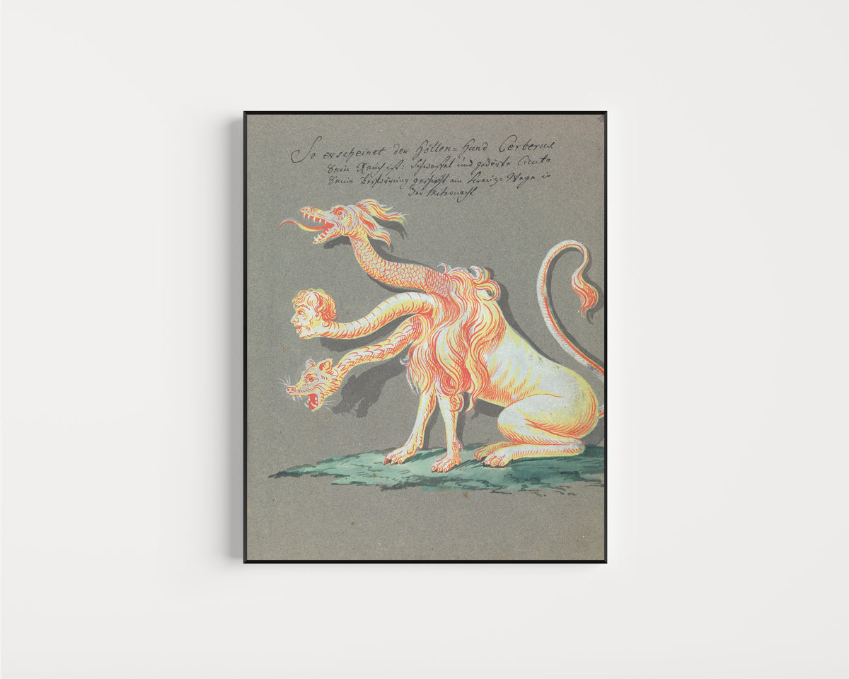 Framed art print of So erscheinet der Höllen-Hund Cerberus by Unknown artist, in a slim black frame on a plain white wall