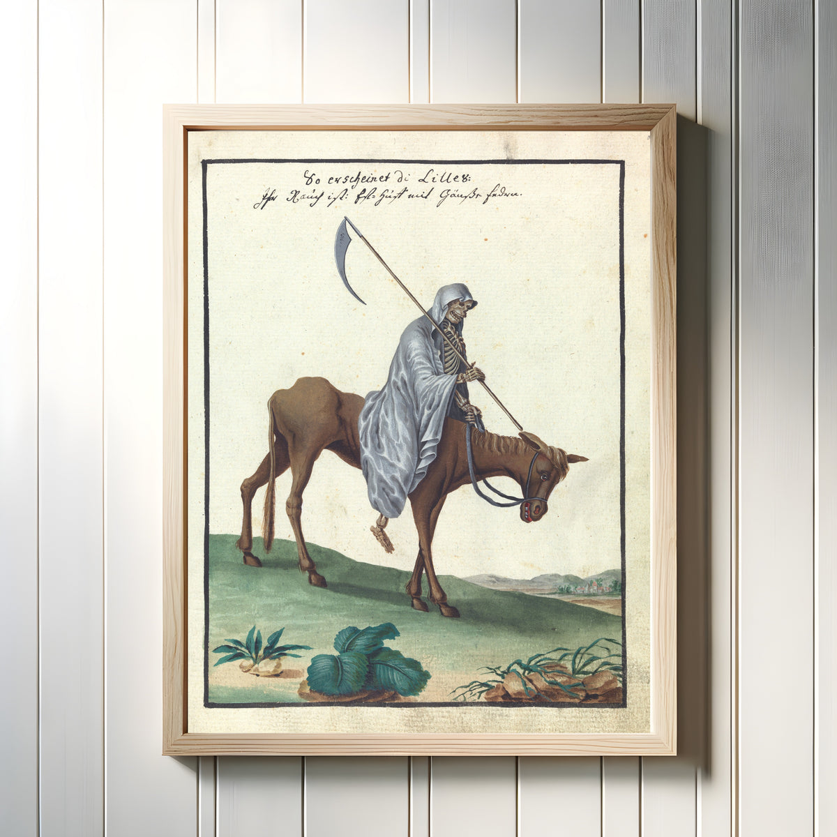 Framed art print of So erscheinet die Lilles by Unknown artist, in a light wood frame on a white panelled wall