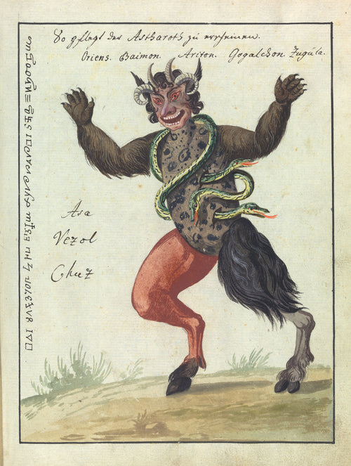 So pflegt der Astharots zu erscheinen by Unknown artist — A grinning horned demon dances with green snakes about its body