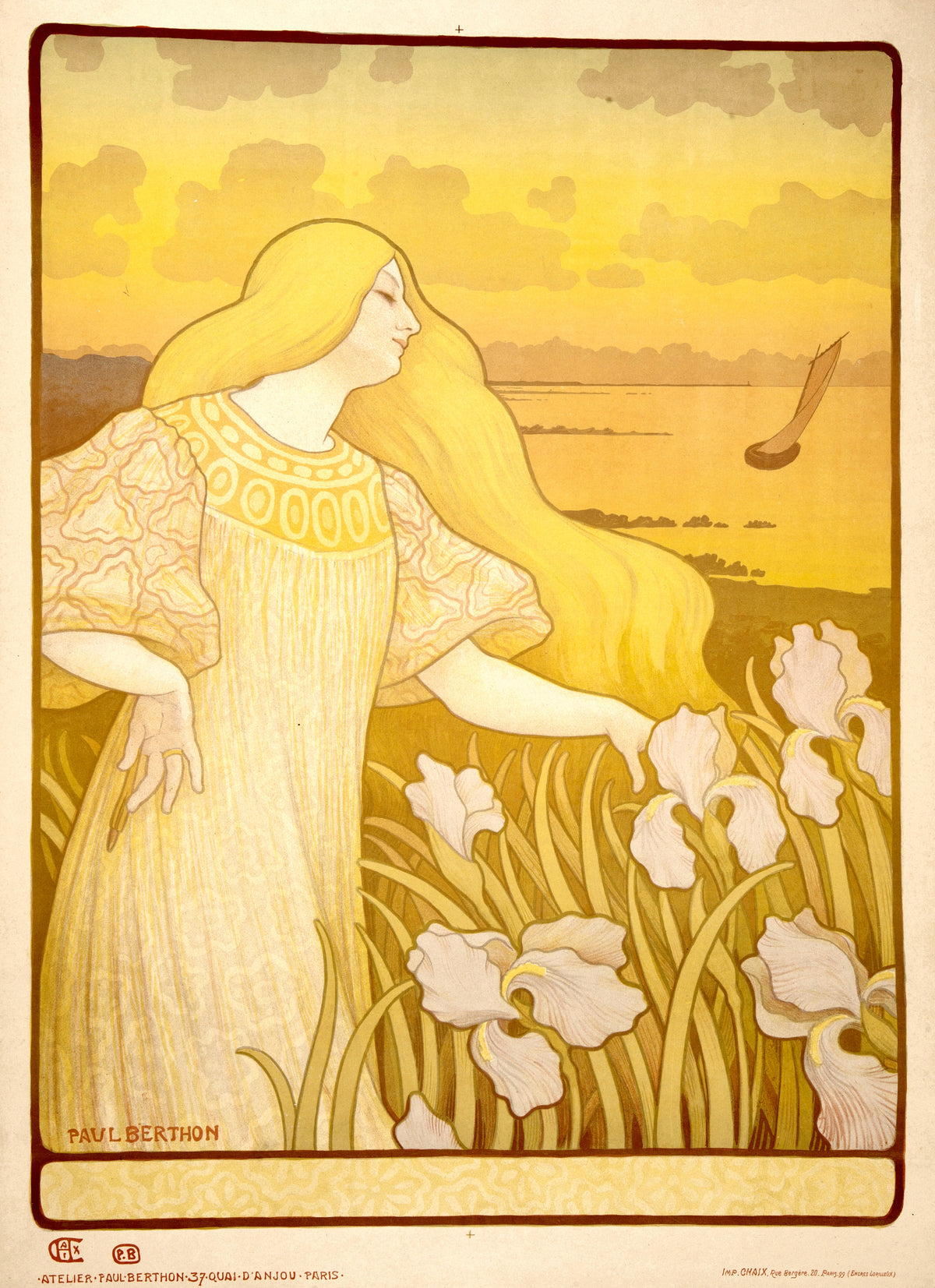 Société des Amis des Arts de la Manche (unlettered state) by Paul Berthon — A golden-haired woman sways among tall irises beside a sunlit sea