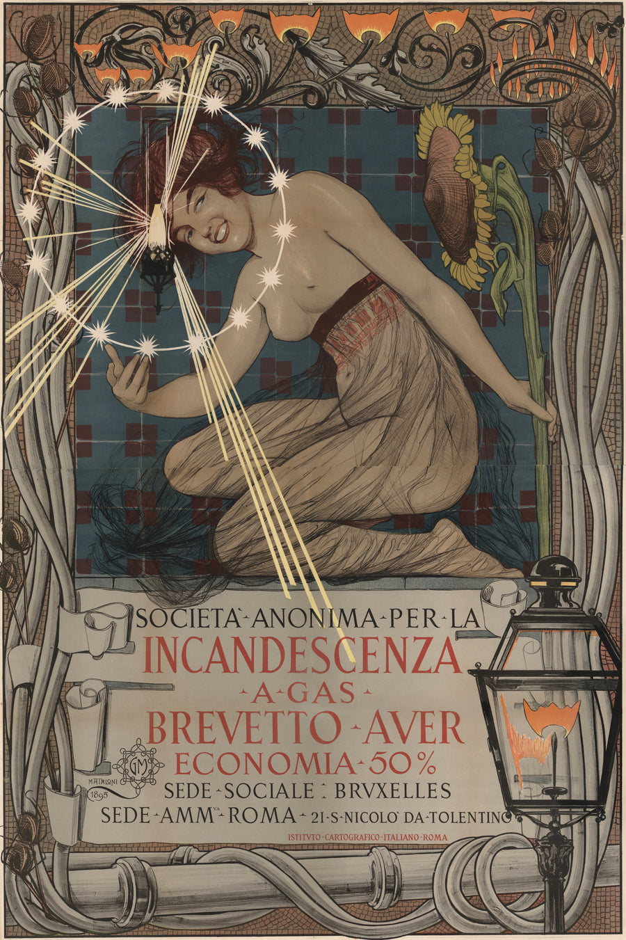 Giovanni Maria Mataloni — Società Anonima per la Incandescenza a Gas, Brevetto Auer | Vintage Poster Print shown to scale on a wall above a sofa