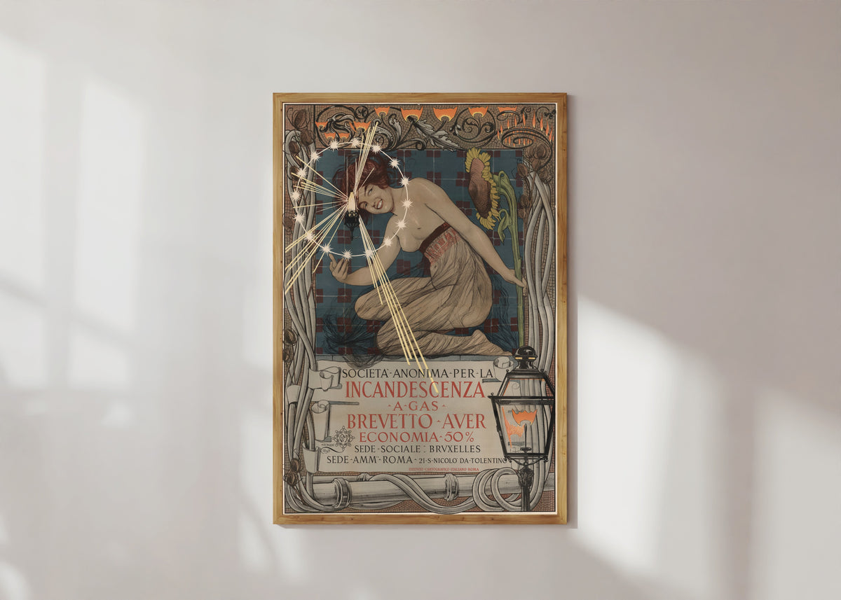 Framed art print of Società Anonima per la Incandescenza a Gas, Brevetto Auer by Giovanni Maria Mataloni, in a light wood frame on a sunlit white wall