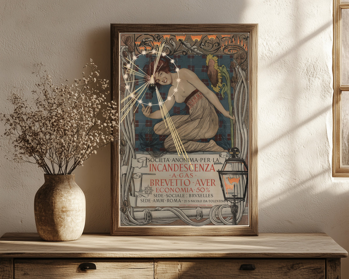 Framed art print of Società Anonima per la Incandescenza a… by Giovanni Maria Mataloni, in a dark wood frame leaning on a rustic console beside dried flowers