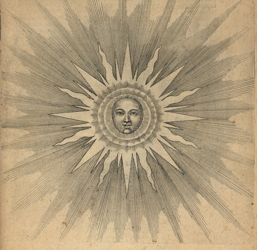 Solis: the Sun with a Face (Utriusque Cosmi, p. 19) by Robert Fludd — A calm human face shines at the heart of a radiant sun