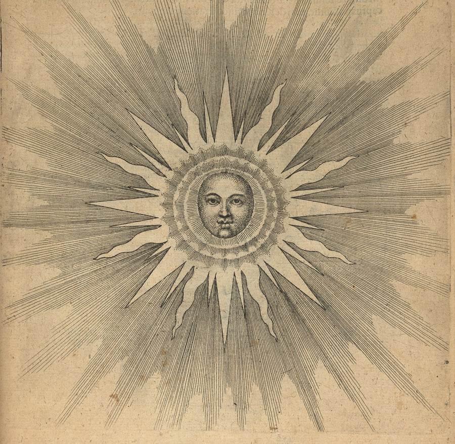 Robert Fludd — Solis: the Sun with a Face (Utriusque Cosmi, p. 19) | Alchemical Engraving Print shown to scale on a wall above a sofa
